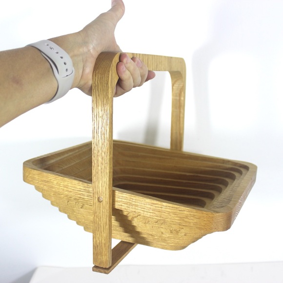 Vintage Oak Wood Collapsible Basket Bowl, Mid Century Modern, Folding Bowl - Picture 8 of 9